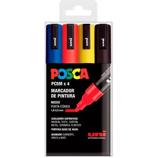 UNIBALL MARCADOR POSCA PC-5M/4C NO PERMANENTE 1.8MM-2.5MM COLORES SURTIDOS BASIC -ESTUCHE 4U-