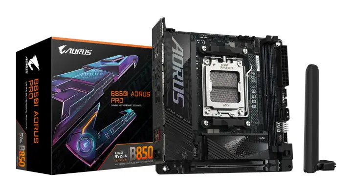 B850I AORUS PRO Placa Base - Compatible con procesadores AMD Ryzen Serie 9000, VRM digital de 8+2+1 fases, hasta 8400MHz DDR5 (OC), 1xPCIe 5.0 + 1xPCIe 4.0 M.2, 2.5LAN, WIFI 7, USB 3.2 Gen 2