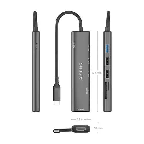 USB-C Dock 7 en 1, USB-C A, 1x HDMI, 2x USB-A USB2.0, 1x USB-A USB3.0, 1x USB-C PD 100W, 1x SD, 1x MicroSD, Gris, 15cm - Imagen 4
