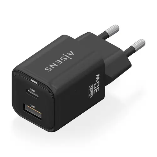 Cargador Gan 30W, 1xUSB-C PD3.0 QC4.0, 1xUSB-A QC3.0, Negro - Imagen 2
