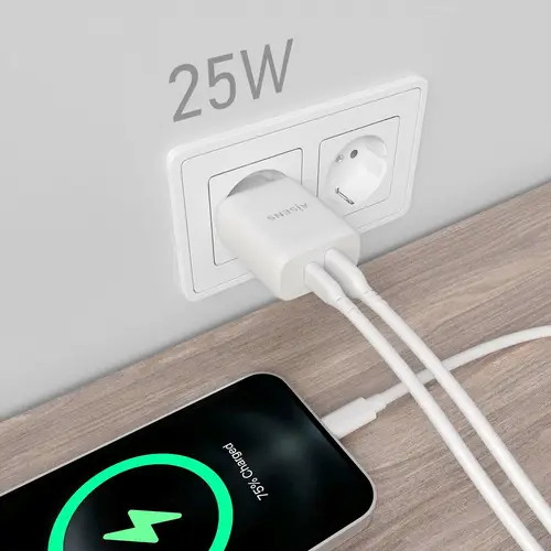 Cargador 25W, 1xUSB-C PD3.0, 1xUSB-A QC3.0, Blanco - Imagen 5