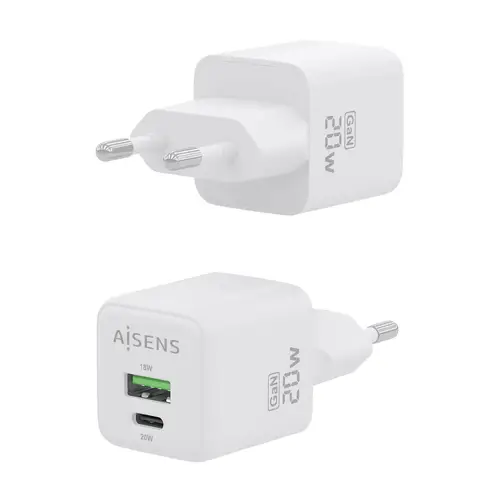 Cargador GaN 20W, 1xUSB-C PD3.0 QC4.0, 1xUSB-A QC3.0, Blanco - Imagen 3