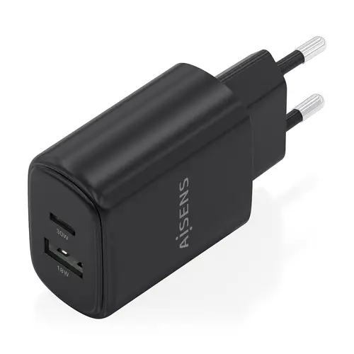 Cargador GaN 30W, 1xUSB-C PD3.0 QC4.0, 1xUSB-A QC3.0, Negro - Imagen 2