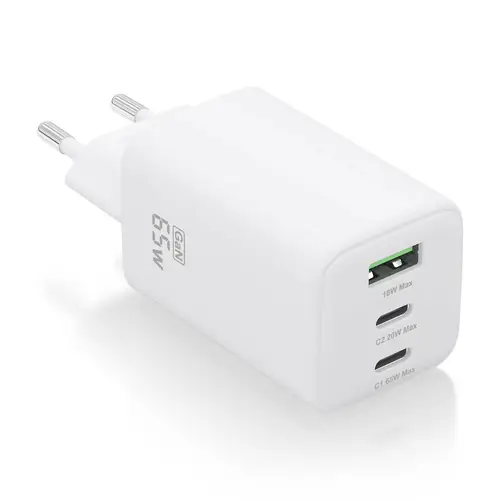 Cargador Gan 65W, 2xUSB-C PD3.0 QC4.0, 1xUSB-A QC3.0, Blanco - Imagen 1