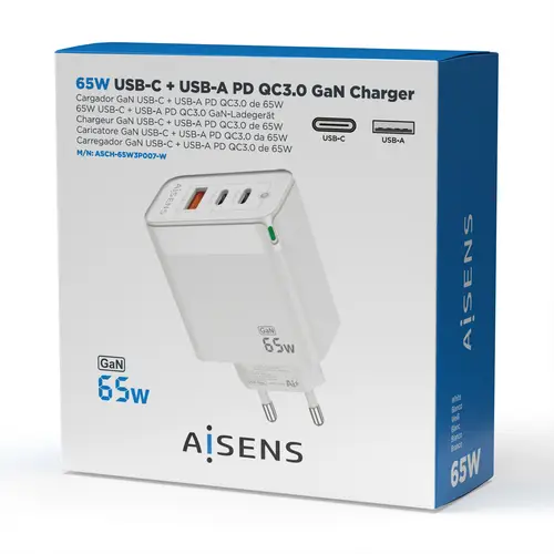 Cargador Gan 65W, 2xUSB-C PD3.0 QC4.0, 1xUSB-A QC3.0, Blanco - Imagen 4