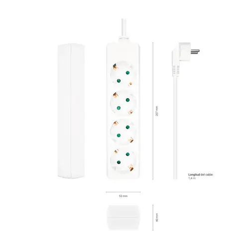 Base Multiple 4 Tomas Sin Interruptor Con Cable 3x1.5mm2, Blanco, 1.4m - Imagen 3
