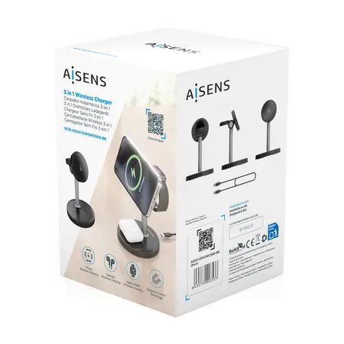 AISENS Cargador Inalambrico USB C 4 en 1 De 15W Para Movil  Apple Watch  Auriculares Con Estuche De Carga  Negro - Imagen 7