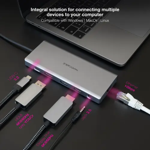 Hub USB-C 12 en 1, Conversor USB-C 3.1 a 3xUSB-A 3.2 + USB-C 3.2 + USB-C PD + 2xHDMI 4K@60Hz + DP 4K@60Hz + RJ45 1Gbps + TF + SD + Audio Jack 3.5, Aluminio, Gris, 18 cm - Imagen 5