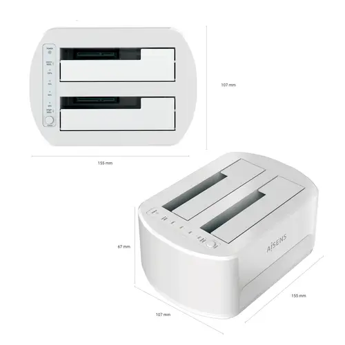 Estacion de Docking de Doble Bahia ASDS-D02W SATA 2.5/3.5 a USB 3.0/3.1 Gen1, Clone, Blanca - Imagen 4