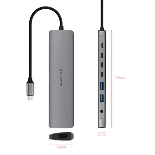 Hub USB-C 8 en 1, Conversor USB-C 3.1 a 2xUSB-A 3.0 + 3xUSB-C 3.0 + USB-C PD + HDMI 4K@60Hz + Audio Jack 3.5, Aluminio, Gris, 18 cm - Imagen 2