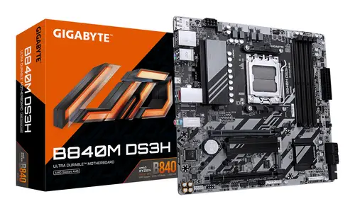 B840M DS3H Placa base - Procesadores AMD Ryzen 9000, VRM de 8+2+2 fases, hasta 8200 MHz DDR5, 2xPCIe 4.0 M.2, LAN 2.5GbE, USB 3.2 Gen 1 - Imagen 1
