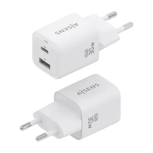 Cargador Gan 30W, 1xUSB-C PD3.0 QC4.0, 1xUSB-A QC3.0, Blanco - Imagen 3