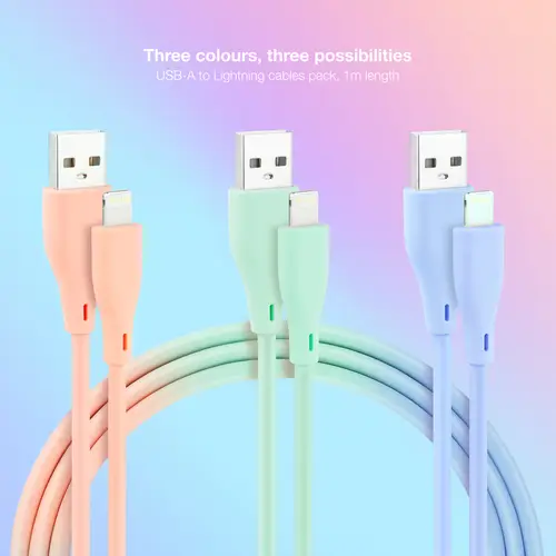 3 Cables Lightning a USB 2.0, Lightning/M-USB A/M, Rosa, Azul y Verde, 1 m - Imagen 2