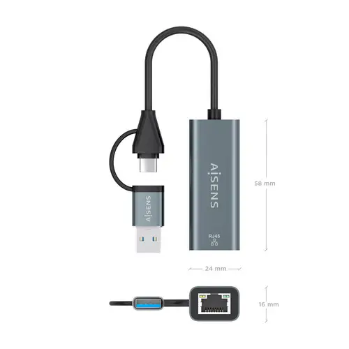 Conversor USB3.2 Gen1 USB-A+USB-C A Ethernet Gigabit 10/100/1000 Mbps, Gris, 15cm - Imagen 4