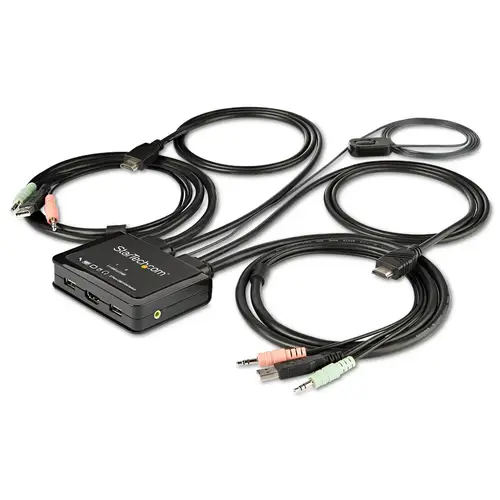 Switch Conmutador KVM de 2 Puertos HDMI - 4K de 60Hz - Switch Conmutador Selector KVM Compacto de Sobremesa Ultra HD UHD con 2 Salidas de Vídeo - con Cables de 1,2m y Audio Incorporado - Conmutado Remoto y Alimentado por el Bus - para MacBook y Thinkpad - Imagen 1