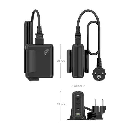 Cargador Sobremesa GaN 140W, 3x USB-C PD3.1 QC4.0 QC5.0, 1x USB-A QC3.0, Negro - Imagen 4