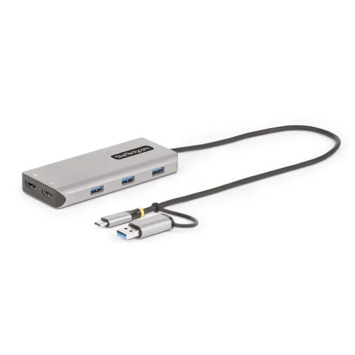 Adaptador Multipuertos USB-C - HDMI Doble (4K30Hz/1080p60Hz) - Hub Ladrón 3x USB-A - Mini Docking Station de Viajes - Docking Station USB Tipo C con Cable Integrado de 40cm