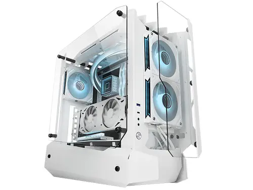 MC-EDGE, Caja Gaming ATX, Diseño Open Air, Triple Panel Cristal Templado, Semitorre PC Soporte Refrigeración Líquida Hasta 240mm, Sistema Gestión Cableado Interno, USB-C y USB 3.0, Blanco - Imagen 2