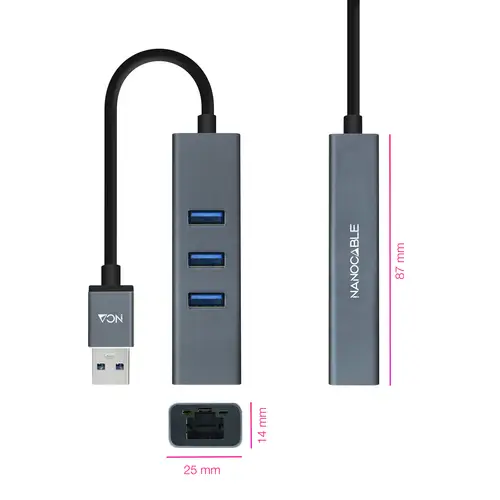 Conversor USB 3.0 a Ethernet Gigabit + 3XUSB 3.0, Aluminio, Gris, 15 cm - Imagen 2