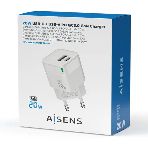 Cargador Gan 20W, 1xUSB-C PD3.0 QC4.0, 1xUSB-A QC3.0, Blanco - Imagen 4