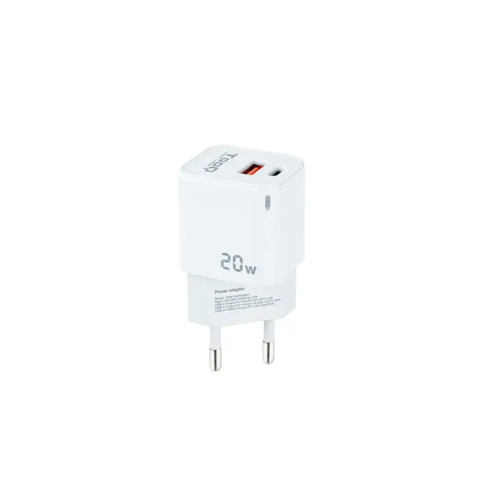 Cargador de Pared USB-C/PD + USB-A/QC 20W, Blanco