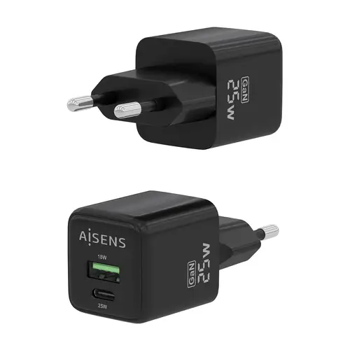 Cargador GaN 25W, 1xUSB-C PD3.0 QC4.0, 1xUSB-A QC3.0, Negro - Imagen 3