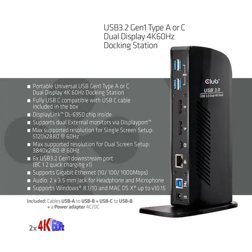 USB3.2 Gen1 Type A or C Dual Display 4K60Hz Docking Station DisplayLink® Certified - Imagen 3