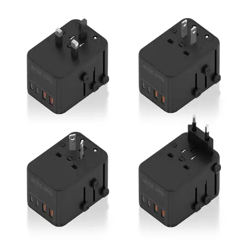 Adaptador Enchufe Universal Para Viaje EU/USA/UK/AU Con Cargador USB GaN, 2xUSB-A QC3.0, 2xUSB-C PD3.0 25W, Negro - Imagen 4