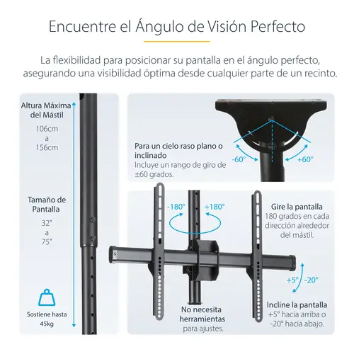 Soporte de Techo para 2 TV - Soporte de Cielo Raso para 2 TV de Espalda a Espalda con Mástil Telescópico Ajustable - Giro Inclinación y Rotación - Soporte VESA para Pantallas de 32" a 75" - Imagen 13