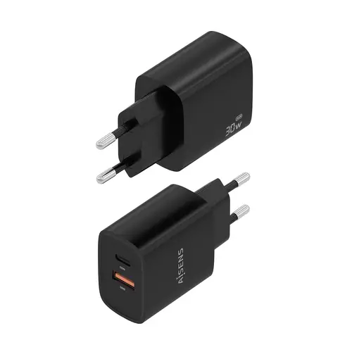 Cargador GaN 30W, 1xUSB-C PD3.0 QC4.0, 1xUSB-A QC3.0, Negro - Imagen 3