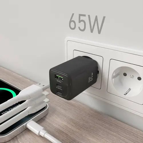 Cargador Gan 65W, 2xUSB-C PD3.0 QC4.0, 1xUSB-A QC3.0, Negro - Imagen 5