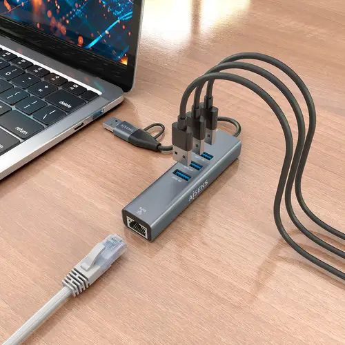 Conversor USB3.2 Gen1 USB-A+USB-C A Ethernet Gigabit 10/100/1000 Mbps + Hub 3xUSB3.0, Gris, 15cm - Imagen 5