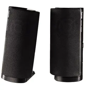 Altavoz estéreo con conexión USB A y Jack de 3,5mm, control de volumen integrado, color negro.
