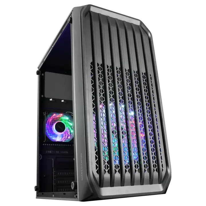 MC-S2, Caja PC Compacta Gaming Micro-ATX, 2 Ventiladores FRGB Raibow con Rejilla Frontal, Ventana Lateral Completa, Negro