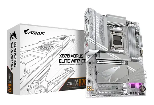 X870 AORUS ELITE WIFI7 ICE Placa Base - Compatible con CPUs AMD Ryzen 9000, 16+2+2 fases VRM digital, hasta 8200MHz DDR5 (OC), 3xPCIe 5.0 + 1xPCIe 4.0, Wi-Fi 7, LAN 2.5GbE, USB 4 - Imagen 1