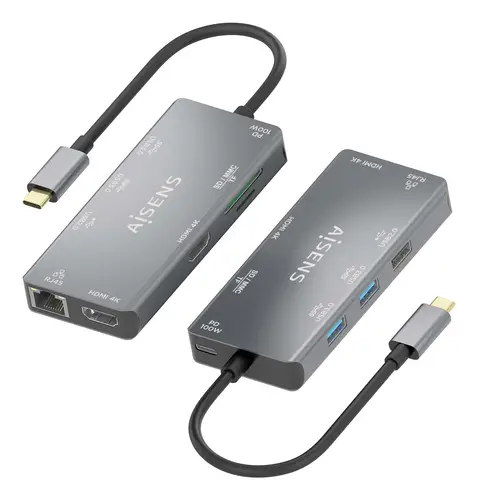 USB-C Dock 9 En 1, USB-C a 2xHDMI, 1xRJ45, 2xUSB-A USB3.0, 1xUSB-A USB2.0, 1xUSB-C PD, 1xSD, 1xMicro SD, Gris, 15cm - Imagen 3