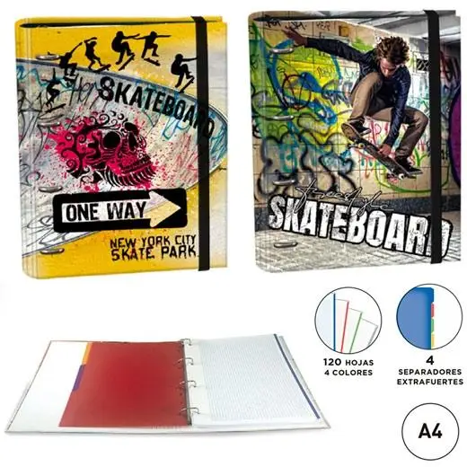 SENFORT CARPETA ANILLAS 4X30MM RINGBOOK A4 REC/120H 4 SEPARADORES SKATEBOARD SURTIDO