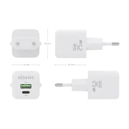 Cargador GaN 25W, 1xUSB-C PD3.0 QC4.0, 1xUSB-A QC3.0, Blanco - Imagen 4