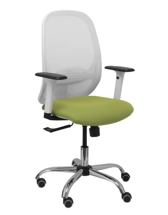 Silla Cilanco blanca malla blanca asiento bali verde brazo regulable base cromada ruedas de parqué