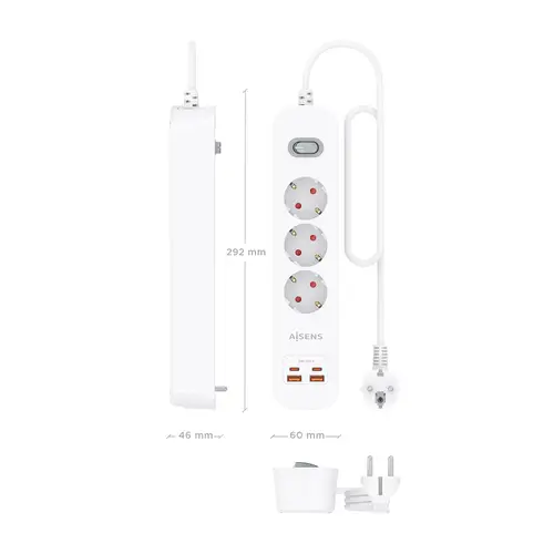 Regleta de Enchufes Multifuncion con 3 Tomas + Cargador PD3.0 20W 2xUSB-C, 2xUSB-A, 1.4m, Blanco - Imagen 4