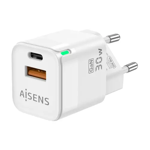 Cargador Gan 30W, 1xUSB-C PD3.0 QC4.0, 1xUSB-A QC3.0, Blanco - Imagen 2