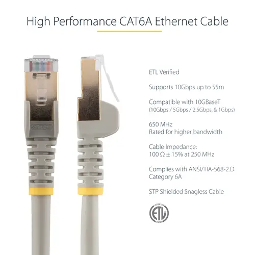 Cable 7m Ethernet CAT6a - Cable de Red de 10 Gigabits Blindado Snagless RJ45 PoE de 100W - Latiguillo STP de 10GbE con Alivio de Tensión - Fluke - UL - TIA - Gris - Imagen 5
