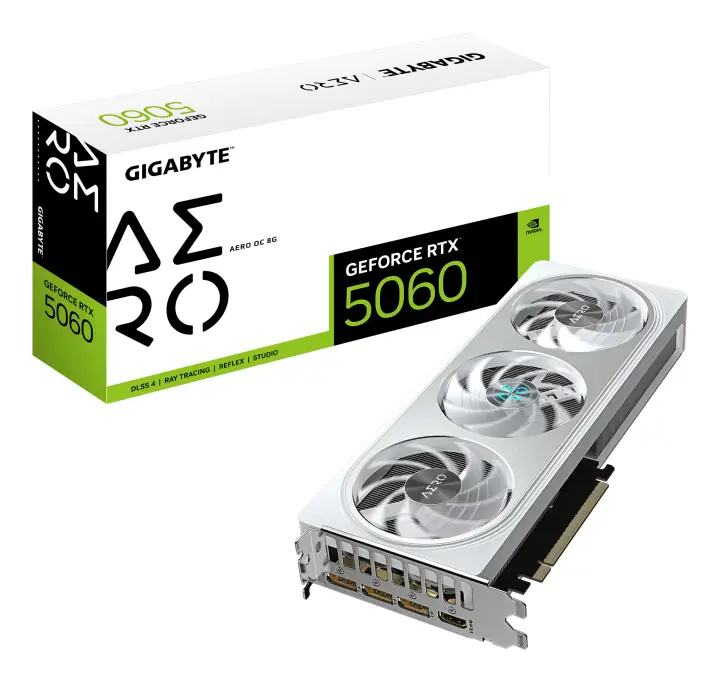 GeForce RTX 5060 AERO OC 8G Tarjeta Gráfica - 8GB GDDR7, 128bit, PCI-E 5.0, 2595 MHz Frecuencia del núcleo, 3 x DisplayPort, 1 x HDMI, GV-N5060AERO OC-8GD