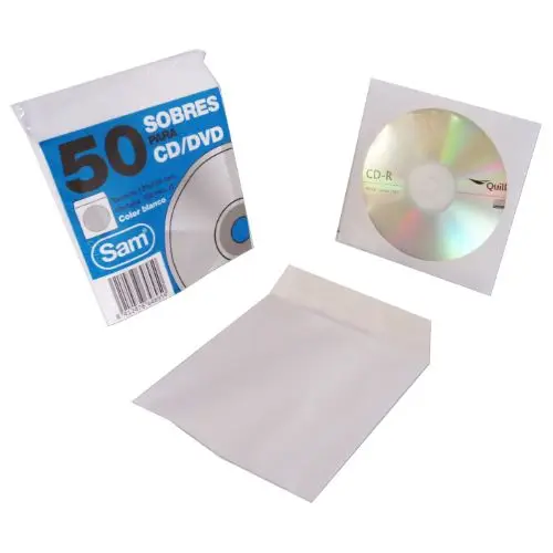 PAQUETE 50 SOBRES PARA CD / DVDS. BLANCO 90 GRS. VENTANA PLASTIC0..