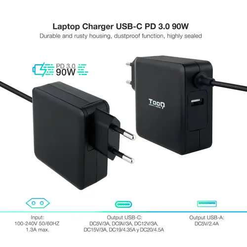 TQLC-USBC90PD adaptador e inversor de corriente Auto 90 W Negro - Imagen 2