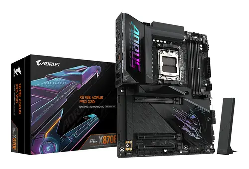 X870E AORUS PRO X3D Placa Base - Compatible con procesadores AMD Ryzen 9000, VRM digital de 18+2+2 fases, hasta 9000MHz DDR5 (O.C.), 2xPCIe 5.0 + 2xPCIe 4.0, Wi-Fi 7, LAN 5GbE, USB 4 - Imagen 1