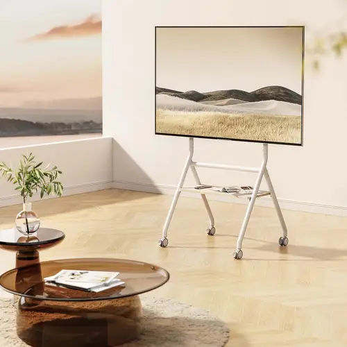 Soporte de suelo eco con rueda, 1 bandeja para pantalla interactiva/TV 80kg de 37-86, Blanco+Madera - Imagen 5