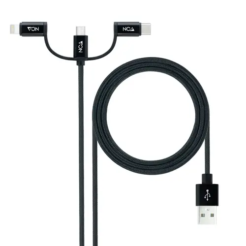 Cable USB 3 en 1 Carga/Datos USB-A a USB-C/Micro USB/Lightning 1 m, Negro - Imagen 1