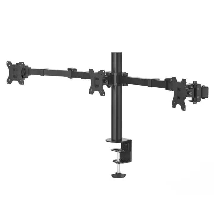Soporte para 3 Monitores de 13" a 27" (VESA 75x75-100x100, Inclinación +25°/-25°, Giro 180°, hasta 7kg, Ajustable en Altura), Color Negro