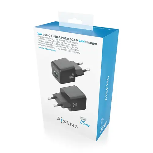 Cargador GaN 25W, 1xUSB-C PD3.0 QC4.0, 1xUSB-A QC3.0, Negro - Imagen 6